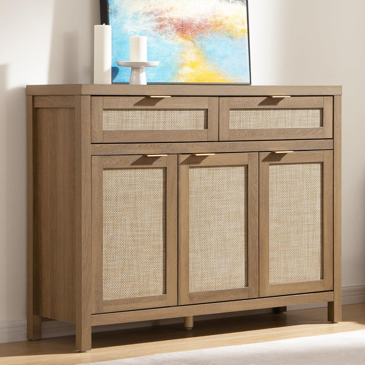 SICOTAS Rattan Sideboard Buffet Cabinet with Storage, Boho Credenza Accent Cabinet with 3 Doors and 2 Drawers, Farmhouse Console Coffee Bar for Kitchen, Living Room, and Entryway, Caramel Oak