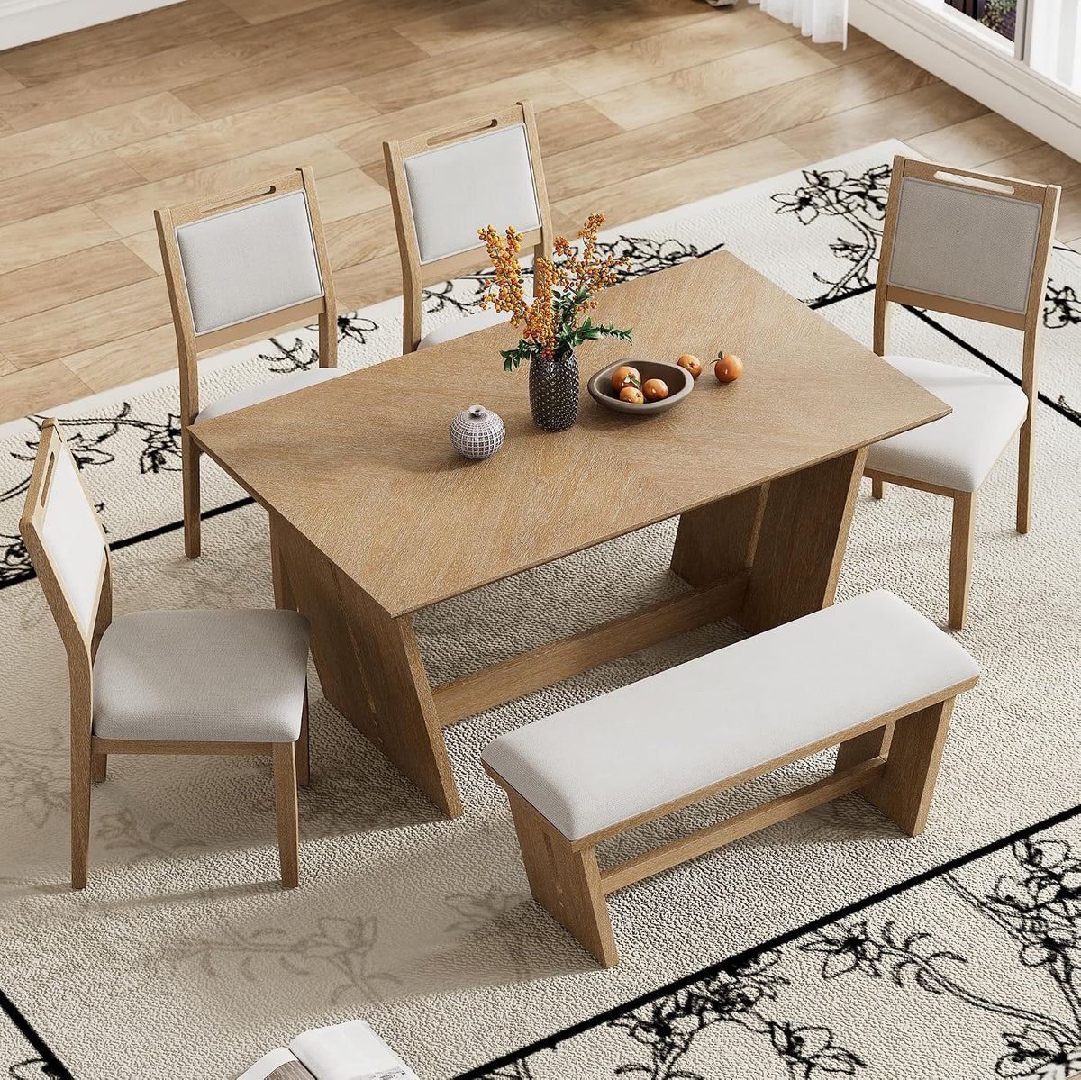 Merax 6-Piece Retro Dining Set, 1 Rectangular Table with Stable Trapezoidal Table Base and 4 Upholstered Chairs and 1 Bench for Dining Room and Kitchen, Natural Wood Wash