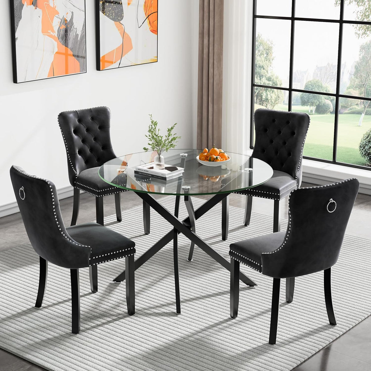 36" Round Glass Dining Table for 4, Circle Kitchen Table with Tempered Glass Top and Black Metal Cross Legs, Modern Small Glass Coffee Dinner Table for Kitchen Dining Room Apartment Office