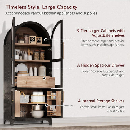 71'' Tall Arched Cabinet with Glass Doors, Farmhouse Kitchen Pantry Cabinet with Storage, China Cabinets with Adjustable Shelves, Hidden Drawer, Cupboard for Dining Room, Living Room (Black)
