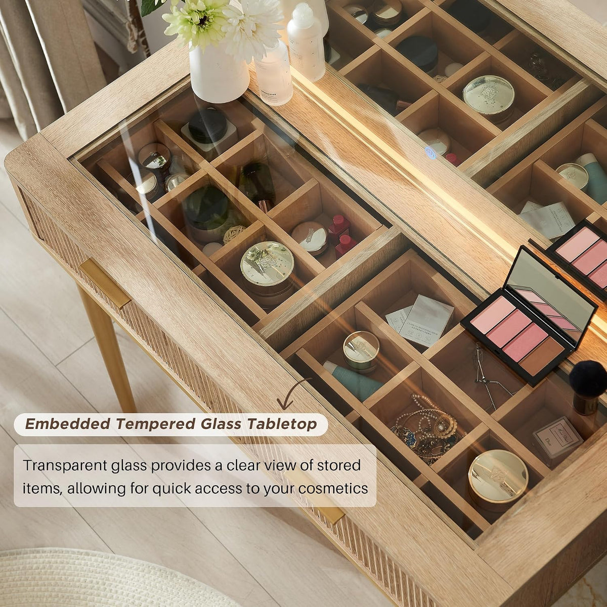 T4TREAM Fluted Makeup Vanity Desk with 36" HD Lighted Mirror, 48" Big Modern Vanity Desk with Mirror and Lights, Dressing Table with 5 Drawers & Shelves, Glass Top for Bedroom (Natural Oak)