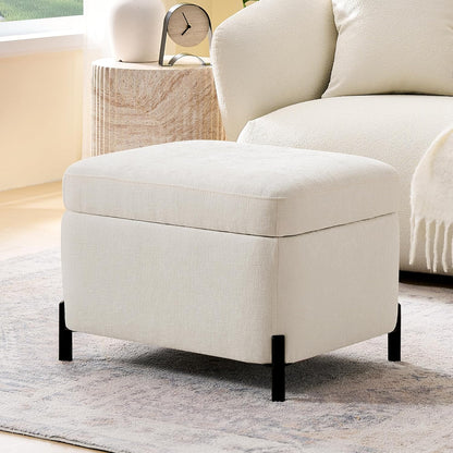 Zihanhome Chenille Storage Ottoman with Lift-Top Lid, Upholstered Ottoman Bench & Foot Rest, Hidden Storage Footstool with Matte Black Metal Legs for Living Room, Bedroom, Entryway (White)