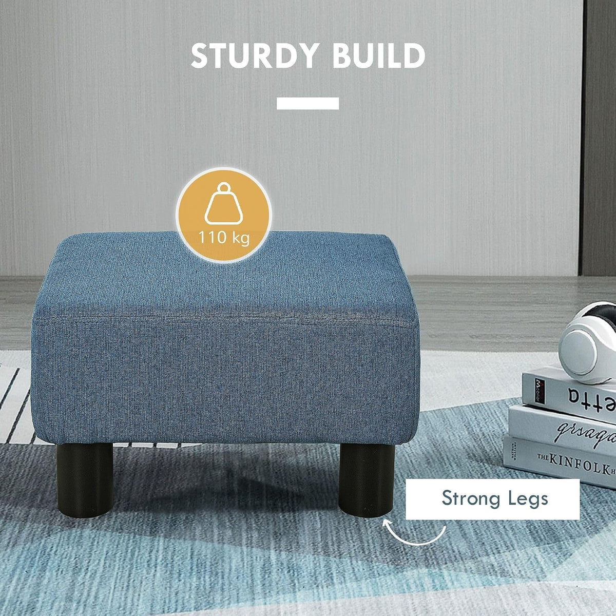Small Trendy Comfortable Linen Fabric Cube Ottoman Footrest with Premium Construction, Sleek Blue Design, and Versatile Appeal