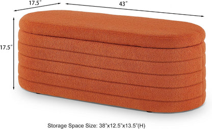 extrasleep Modern 43" Oval Storage Ottoman Bench with Safety Hinge, Upholstered Teddy Fabric End of Bed Bench with Hidden Storage, Comfy Foot Rest for Bedroom Living Room, Entryway Bench, Orange