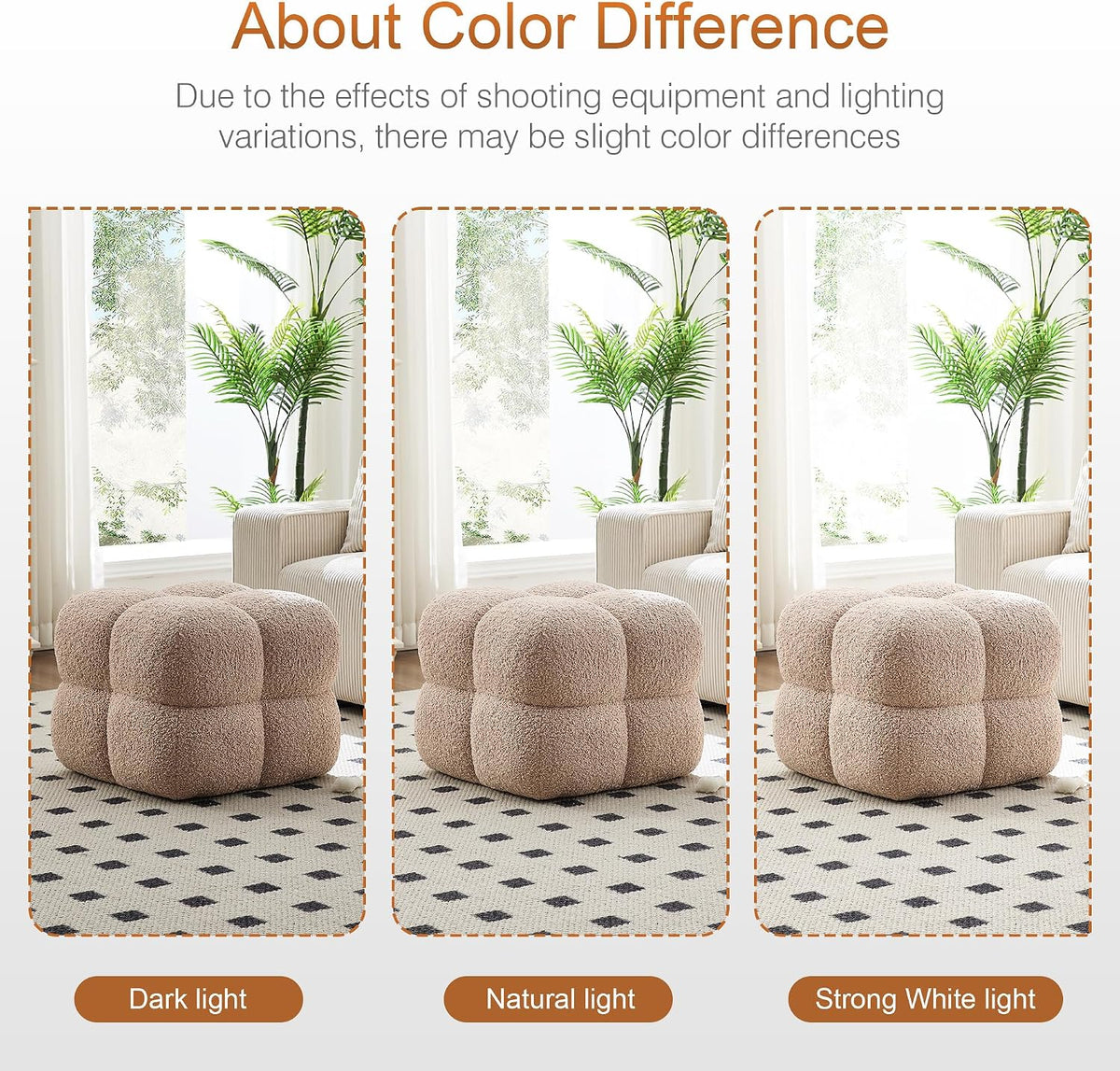 Zesthouse Square Pouf Ottomans Set of 2, Modern Vanity Chair for Bedroom | Sherpa Fabric Foot Rest for Couch, Upholstered Tufted Footstool, Poofy Ottoman Seat for Living Room Dorm, Fluffy Ottoman Tan