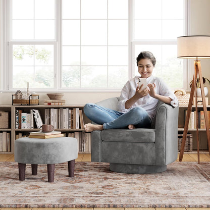 LINSY Swivel Accent Chair with Ottoman: Small Velvet Barrel Chair 360 Swivel Modern Armchair, Upholstered Reading Chair with Footrest for Living Room Bedroom Study Room (Grey)