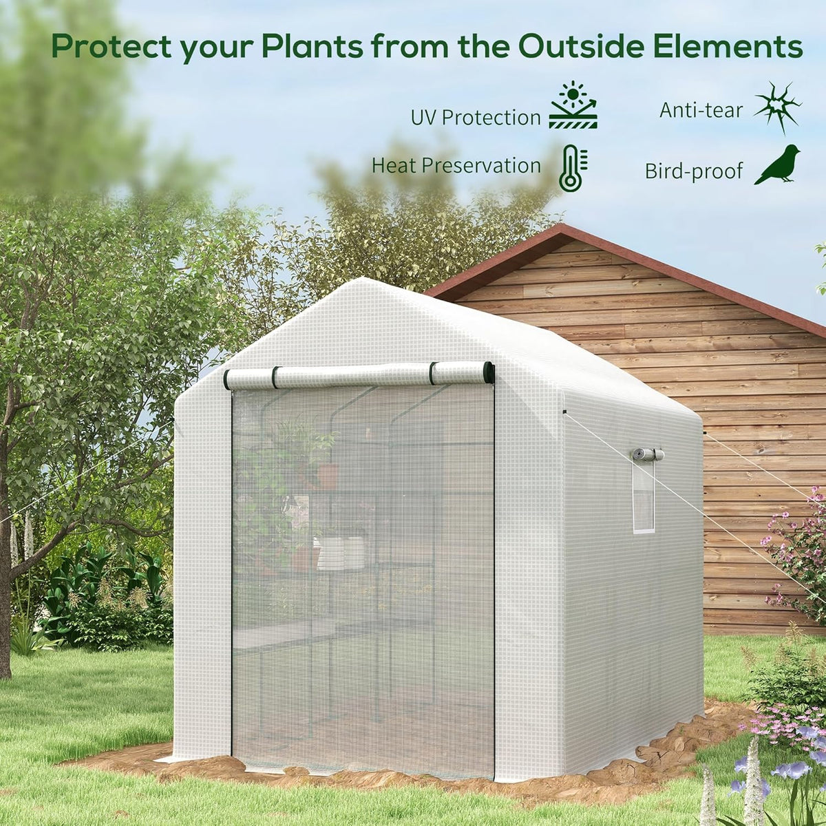 Outsunny 8' x 6' x 7' Walk-in Greenhouse, PE Cover, 4-Tier Shelves, Steel Frame Hot House, Roll-Up Zipper Door for Flowers, Vegetables, Saplings, Tropical Plants, White