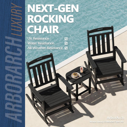 Outdoor Oversized Rocking Chairs Set of 2 with Side Table, HDPE All-Weather Resistant, Front Porch Rockers, Black