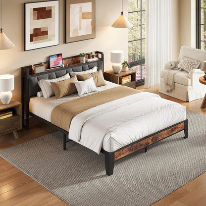 LIKIMIO Queen Size Bed Frame with Storage Headboard and Charging Station