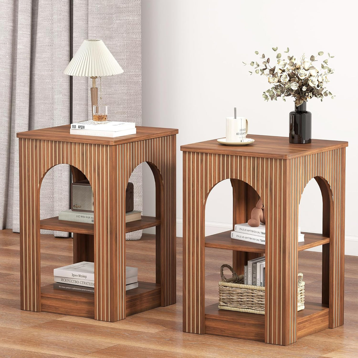 weselon End Table Set of 2, Mid-Century Modern Side Table with 3-Tier Storage Shelves and Arched Carving Lines, Square Fluted Nightstand for Living Room, Bedroom, or Office (2, Walnut)