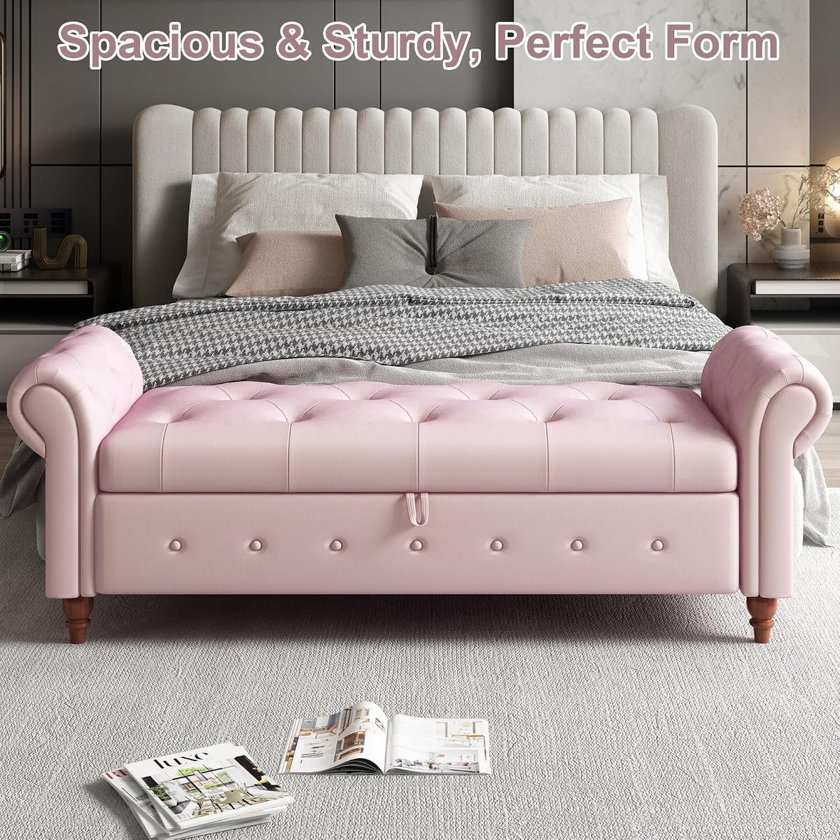 GNIXUU Ottoman with Storage Bench for Bedroom, 63" Velvet Upholstered End of Bed Storage Bench Seat, Rolled Arm Cushioned Ottoman with Wood Legs, Modern Window Chair for Living Room, Entryway, Pink