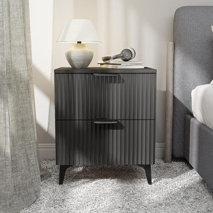 Wood Nightstand Set of 2, Fluted Bedside Tables with 2 Drawers