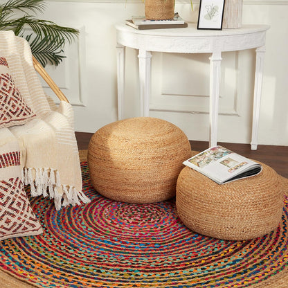 · REDEARTH · Jute Pouf Ottoman - Circular Boho Foot Stool - Jute Natural | Jute, 19.5"x19.5"x14"; Braided Pouffe Accent Sitting, Doubles as Foot Rest for Living Room, Patio, Outdoor, Bedroom