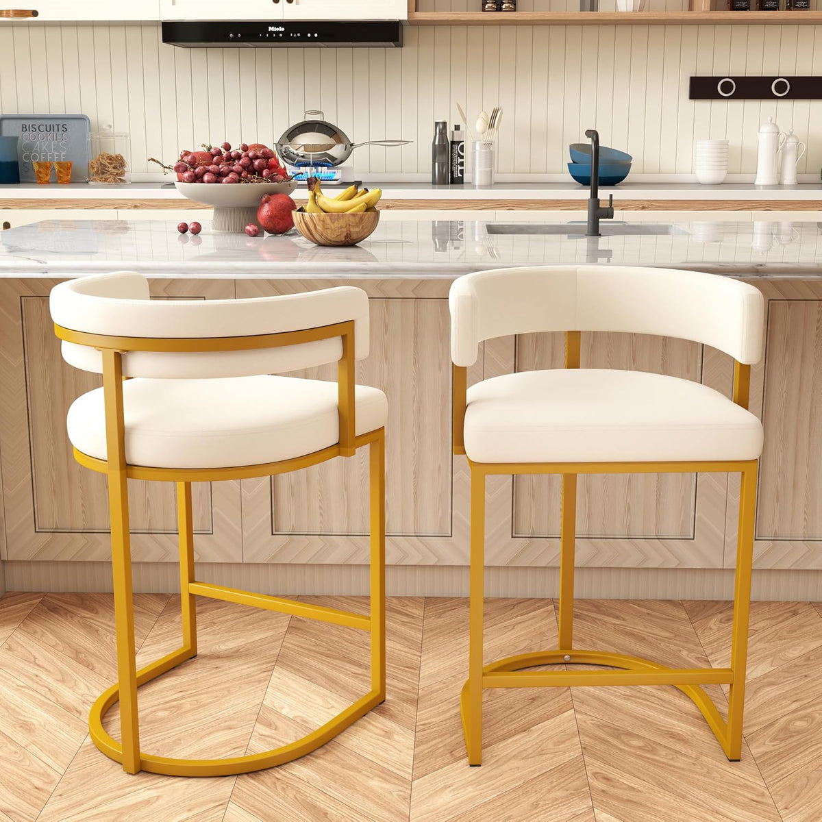 Modern Barrel Bar Stools Set of 3, 24" Velvet Counter Height Stools with Comfy Back and Arms, Sherpa Upholstered Kitchen Island Chair for Home Bar, Ivory