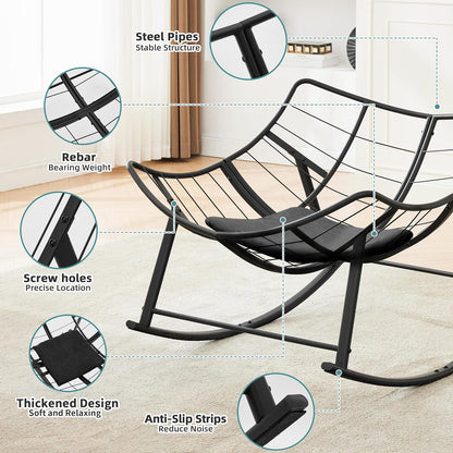 Oversized Rocking Chair Indoor, Papasan Rocking Chair Outdoor, Lounge Chair with Cushion, Patio Egg Rocker Chairs, Comfy Reading Chairs for Bedroom, Living Room, Garden, Lawn, Dark Grey
