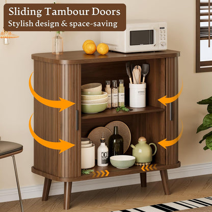 Sideboard Buffet Cabinet with Sliding Door, 31.5" Wide Fluted Modern Accent Storage Cabinet with Adjustable Shelves, Wood Coffee Bar Buffet Console Table for Kitchen, Dining Room, Living Room, Walnut
