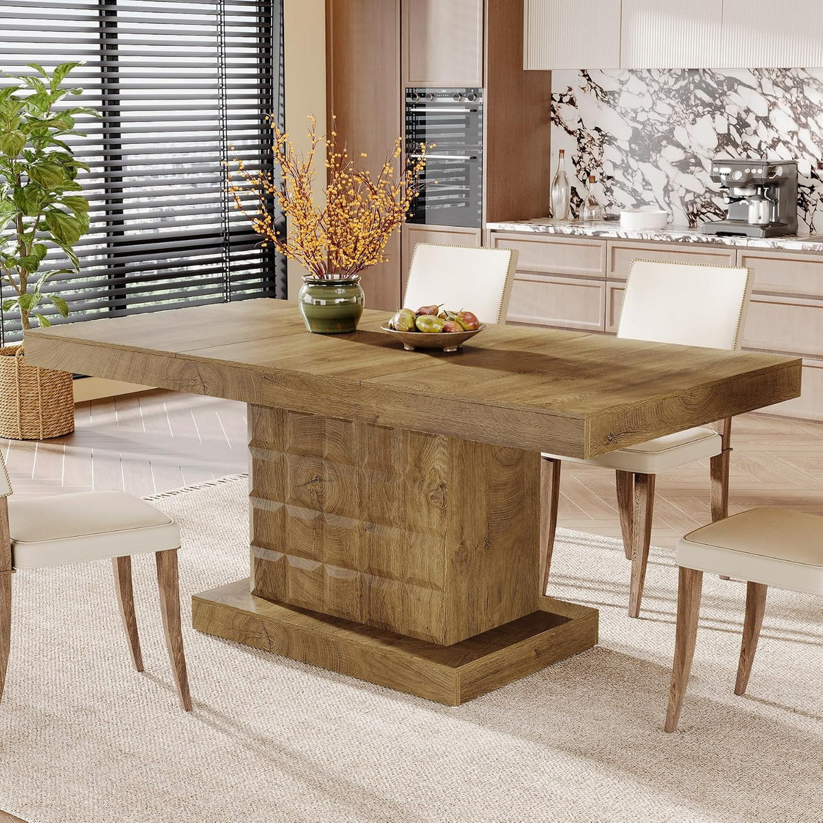 Tribesigns 63'' Dining Table for 4-6, Farmhouse Wooden Rectangular Dinner Table with Geometric Relief, Pedestal Base (Natural Brown)