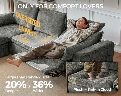 Oversized Modular Power Recliner Sofa Wall Hugger, Cloud Reclining Couch with Headrest, Storage Ottoman, Drawer Charging Cup Holder, Deep L-Shaped 6 Seater with Dual Electric Recliner, Chenille, Grey