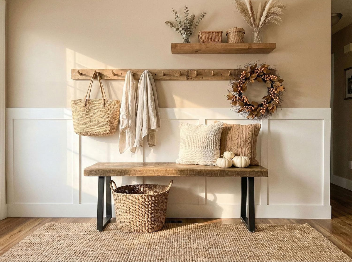 Rustic Revival Reclaimed Barnwood Bench, Solid Wood with Metal Base, Modern Farmhouse Style, 2-Inch Thick Top, for Entryway, Bedroom, Living Room (30x12)