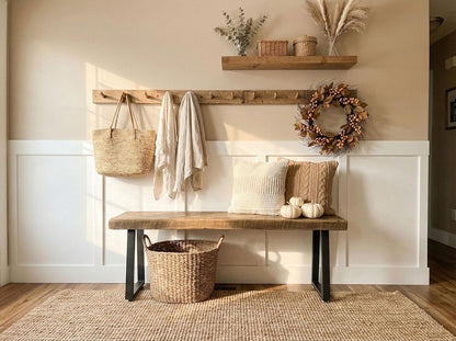 Rustic Revival Reclaimed Barnwood Bench, Solid Wood with Metal Base, Modern Farmhouse Style, 2-Inch Thick Top, for Entryway, Bedroom, Living Room (30x12)