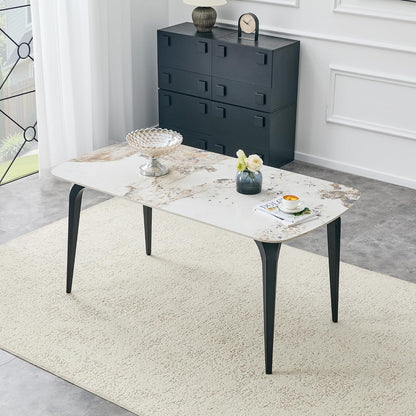 Modern Rectangular Dining Table,63”Sintered Stone Dining Table for 4-6, Stone Top with Carbon Steel Frame for Small Space,Kitchen Office,Apartment,Cafe（Marble）