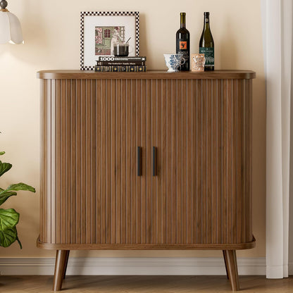 Sideboard Buffet Cabinet with Sliding Door, 31.5" Wide Fluted Modern Accent Storage Cabinet with Adjustable Shelves, Wood Coffee Bar Buffet Console Table for Kitchen, Dining Room, Living Room, Walnut