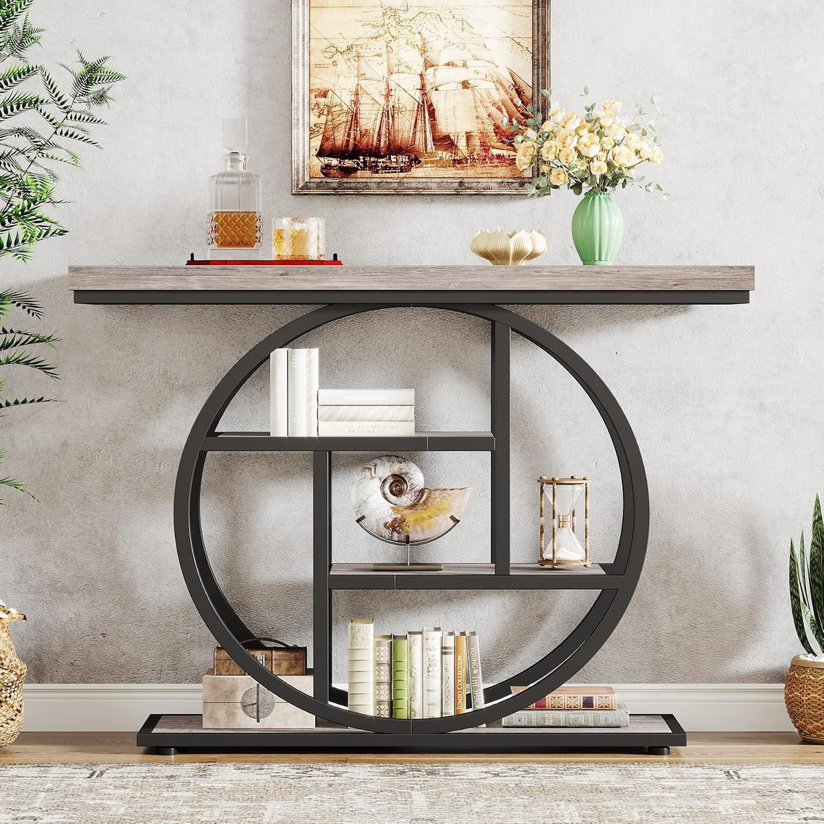 Tribesigns 41.3" Console Table, Industrial 4-Tier Sofa Table Entryway Table with Circle Base, Narrow Wood Accent Tables with Storage Shelves for Living Room, Hallway, Foyer, Gray | Industrial