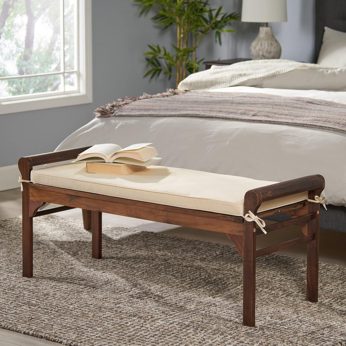 Christopher Knight Home Nelson Wood Bench with Cushion, Rich Mahogany
