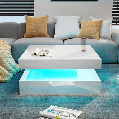 HedoAjim White LED Coffee Table for Living Room, 2-Tier Square Center Table Living Room Table, Modern High Glossy Contemporary Wood Coffee Tables with Storage, Suitable for Dining Reception