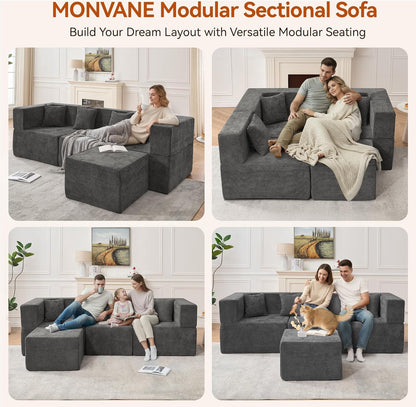 MONVANE 103'' Modular Sectional Sofa, Comfy Chenille Cloud Couch with Ottoman, Modern Convertible L Shaped Couch with Deep Seat, Sectional Couches for Living Room, Bedroom and Apartment, Grey