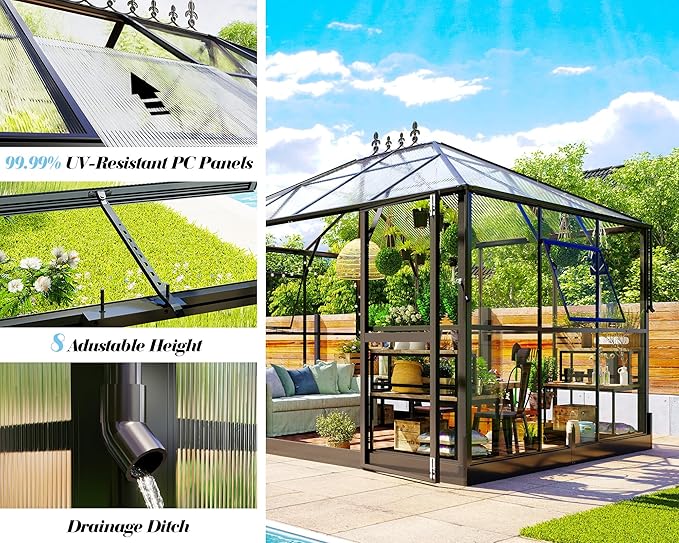 Jocisland 11x8.3x8.6 FT Polycarbonate Greenhouse with Clear Panels- 6 FT Wall Height Outdoor Aluminum Greenhouses with 2 Vents, Double Doors with Hook, Walk-in Greenhouse for Backyard Garden