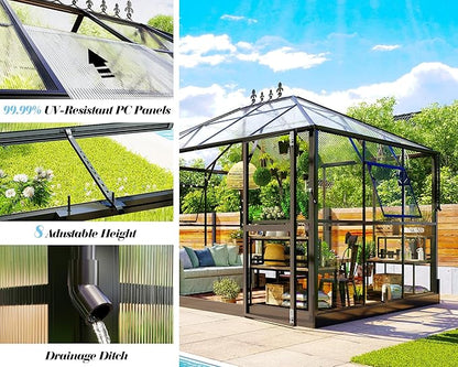 Jocisland 11x8.3x8.6 FT Polycarbonate Greenhouse with Clear Panels- 6 FT Wall Height Outdoor Aluminum Greenhouses with 2 Vents, Double Doors with Hook, Walk-in Greenhouse for Backyard Garden