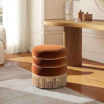 Jennifer Taylor Home Edward 17.5" Round Upholstered Ottoman with Bullion Fringe in Burnt Orange Performance Velvet