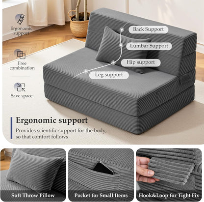 Youzi Folding Sofa Bed Convertible Sleeper Chair with Pillow, 4-in-1 Foldable Mattress Futon Couch Bed to Lounge Chair for Living Room, Bedroom, Dorm & Guest, Washable Cover, Dark Gray, Twin