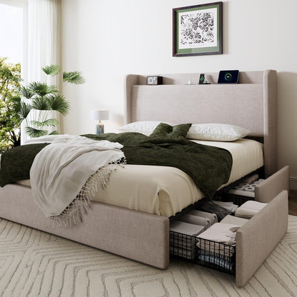 SHA CERLIN Queen Size Storage Bed Frame with 4 Oversized Drawers, Modern Wingback Headboard with Storage Shelf & Charging Station, No Box Spring Needed, Easy Assembly, Beige