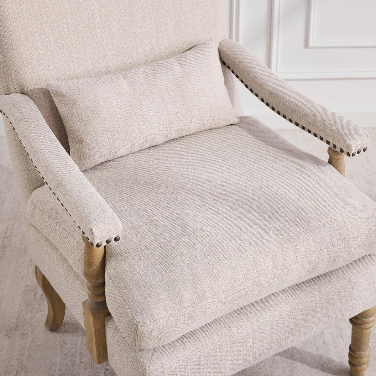 Accent Chair with Ottoman, Farmhouse Upholstered Armchair with Removable Thick Cushion & Lumbar Pillow, Wood Turned Legs, Comfy Reading Chair for Living Room Bedroom, Natural Beige