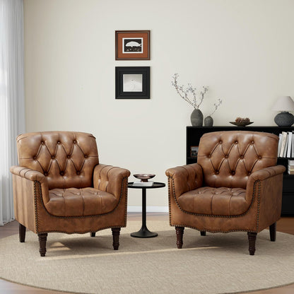 PU Leather Accent Chairs Set of 2, Comfy Club Chair Upholstered Armchair for Living Room, Button Tufted Arm Chair Retro Single Sofa Side Reading Seat for Bedroom (Brown)
