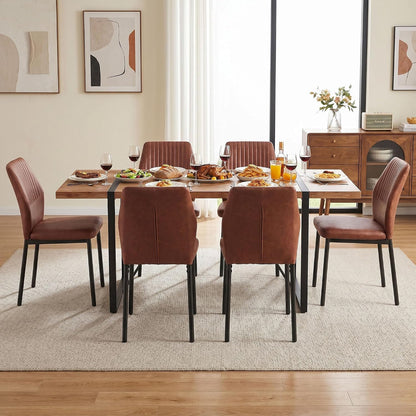 Dining Chairs Set of 6, Brown PU Leather Dining Chairs, Comfortable Upholstered Armless Kitchen Chairs with Black Metal Legs for Living Room, Dining Room, Kitchen