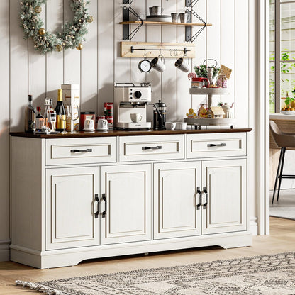 66" Large Sideboard Buffet Cabinet with Storage, Farmhouse Buffet Table Coffee Bar Wine Bar Kitchen Storage Cabinet with Drawers for Dining Room, Living Room, White & Walnut