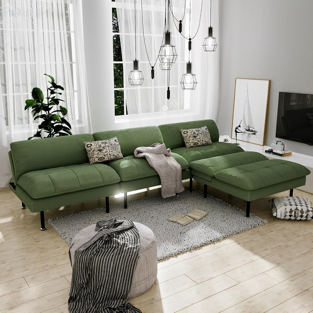 Ribilake 2 Sets 70" Futon Sofa Bed, 4 in 1 Multi-Function Couch Sleeper with Adjustable Backrest, Modern Convertible Futon, Recliner Small Loveseat for Living Room, Green