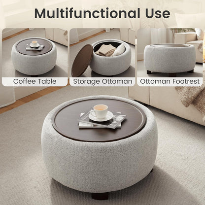 VKNOW 30" Round Storage Ottoman, Ottoman Coffee Table with Removable Wood Top and Solid Wood Legs for Living Room, Bedroom, Apartments (Beige)