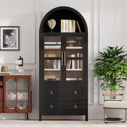 71" Tall Arched Kitchen Pantry Cabinet with 2 Drawers & Glass Doors, Modern Farmhouse Freestanding Storage Cabinet with Adjustable Shelves for Kitchen, Dining Room, Home Organizer(Black)