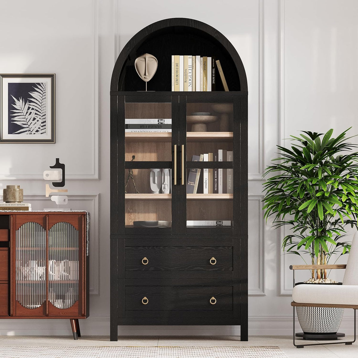 71" Tall Arched Kitchen Pantry with Glass Doors and 2 Large Drawers, Farmhouse Kitchen Storage Cabinet with Adjustable Shelves, Wood Versatile Cupboard for Dining Room (Black-3.12)