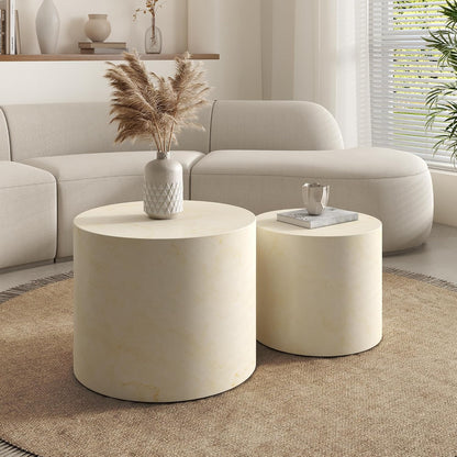 Nesting Round Coffee Table Set of 2, Accent End Table for Small Spaces, Morden Drum Side Table, Wooden Circle Center Table for Living Room, Fully Assembled - Faux Marble