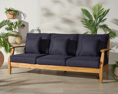 SAFAVIEH Couture Outdoor - Martinique 3-Seat Sofa - Natural & Navy - Teak Wood - Slatted Coastal Design - Ideal for Patio, Deck, Porch, Backyard, 18.3" Seat Height (CPT1013J)