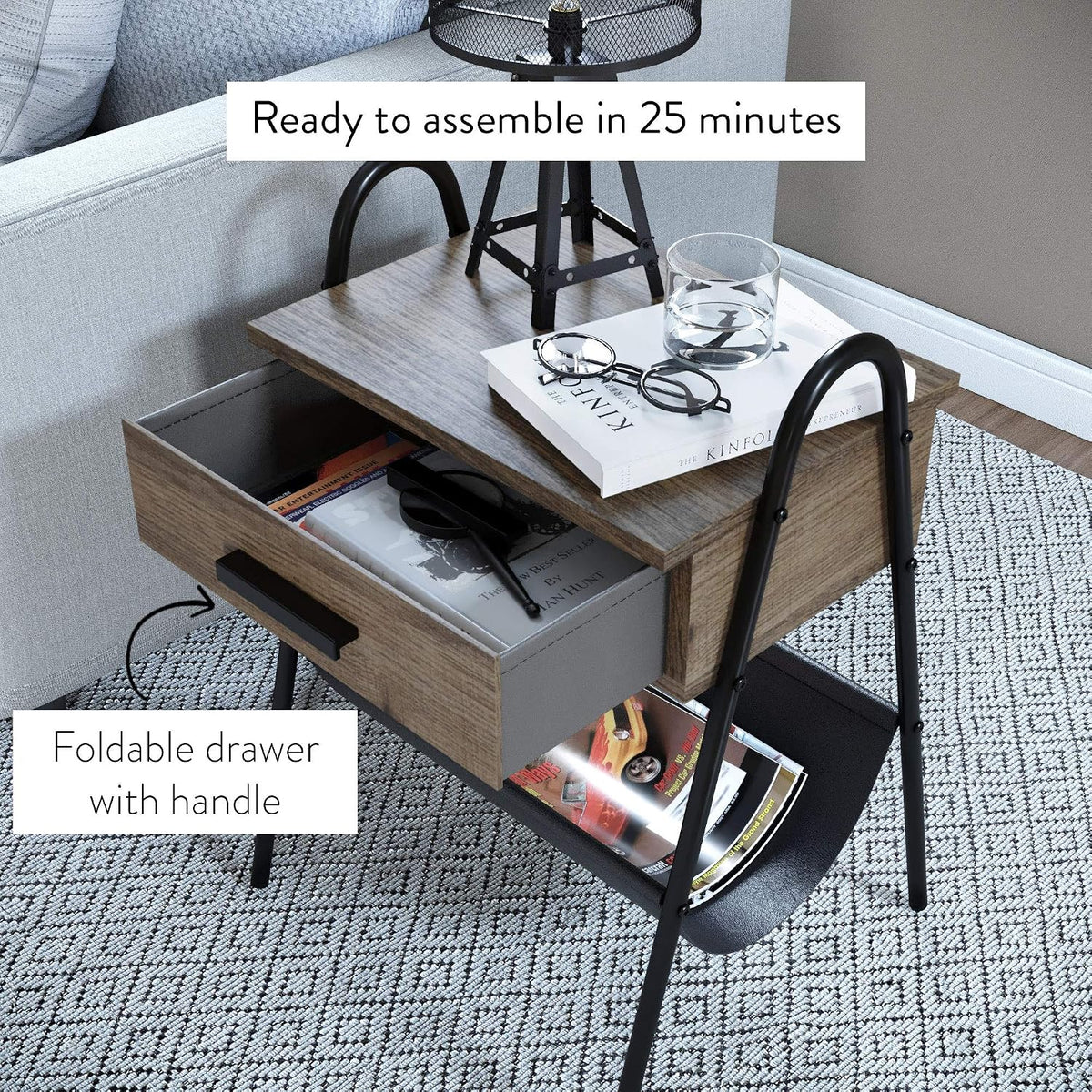 Nathan James 32502 Hugo Wood Nightstand, Rustic Accent End or Side Table with Drawer, Durable Black Metal Frame & Leather Hammock, Gray/Black