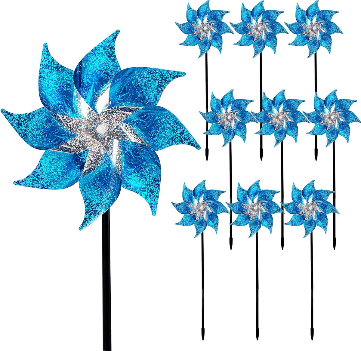 Hausse 10 Pack Reflective Pinwheels with Stakes, Extra Sparkly Pin Wheel for Garden Decor, Bird Repellent Devices Deterrent to Scare Birds Away from Yard Patio Farm, Blue
