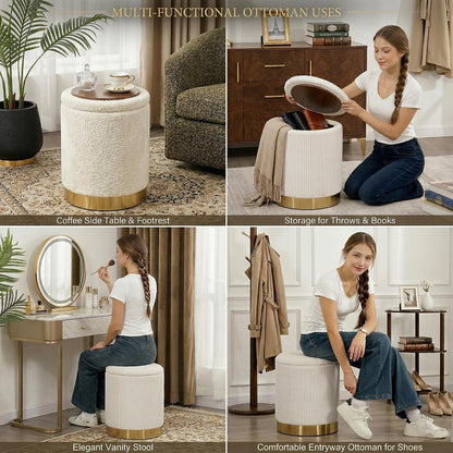 Joveco 14" Round Storage Ottoman for Dorm with Reversible Lid Tray | Beige Corduroy Footrest Stool with Gold Metal Base, Modern Small Ottoman Coffee Table & Side Table for Bedroom Living Room