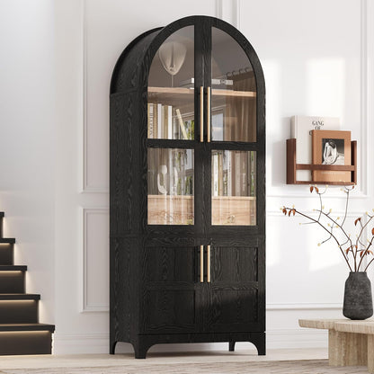 71'' Tall Arched Cabinet with Glass Doors, Farmhouse Kitchen Pantry Cabinet with Storage, China Cabinets with Adjustable Shelves, Hidden Drawer, Cupboard for Dining Room, Living Room (Black)