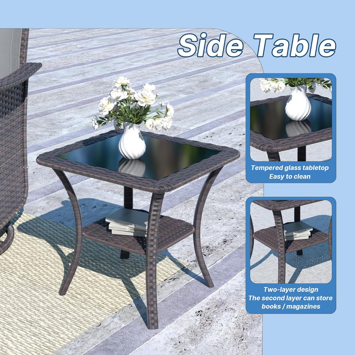 Kurapika 3 Pieces Patio Furniture Set Outdoor Swivel Gliders Rocker, Wicker Patio Bistro Set, Rattan Rocking Chair with Tempered Glass Side Table and Thickened Cushions (Navy Blue)